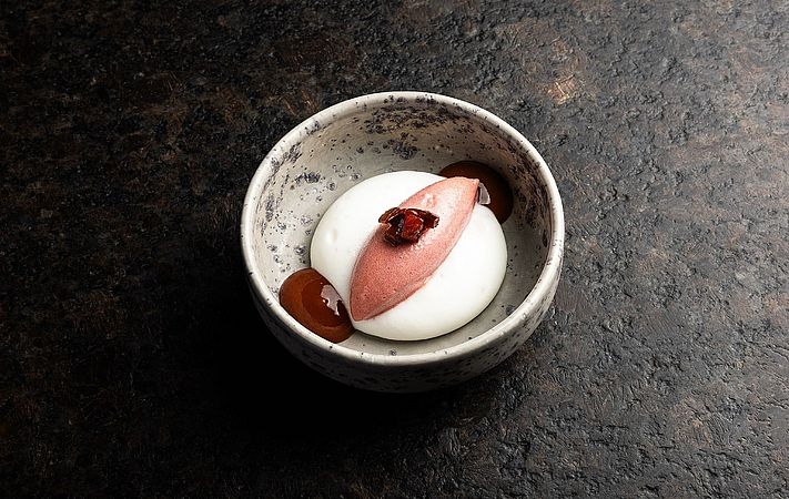 Rosa Sorbet auf weißer Creme in grauer Schale mit dunklen Tropfen